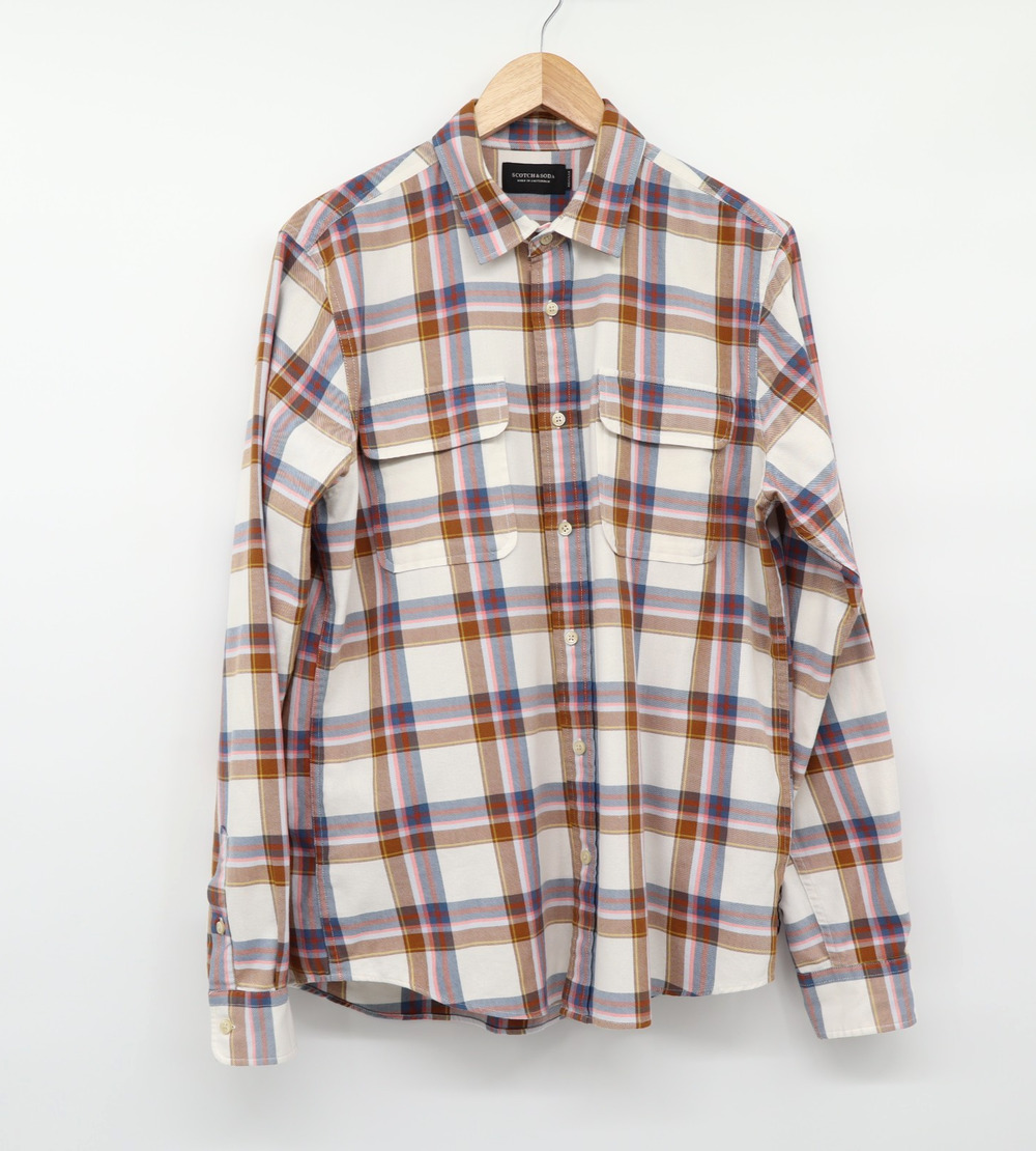 Scotch & Soda Sz L Long Sleeve Plaid Shirt Tan/Blue/Pink Regular Fit Fall